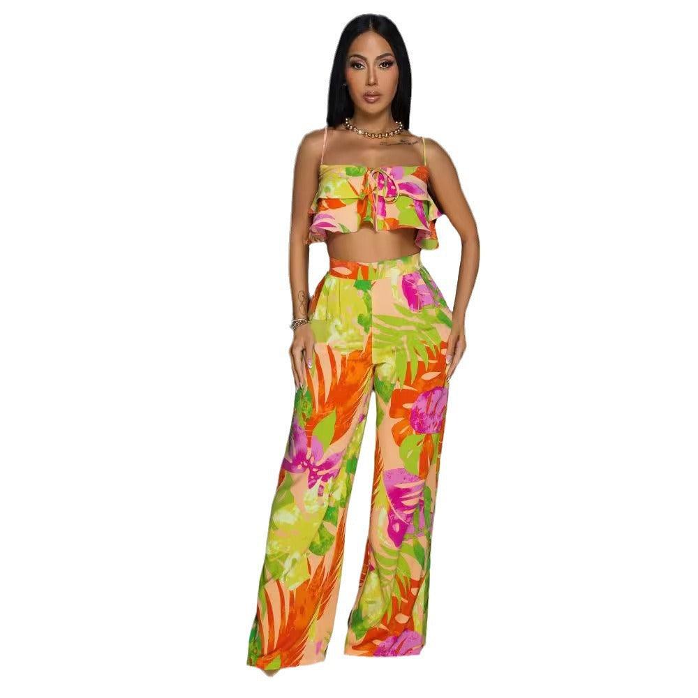 Floral Printed Wide Leg Two Piece Pant Set