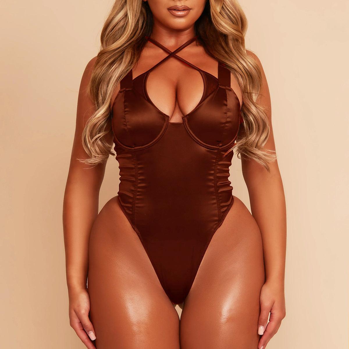 Satin Bodysuit Criss Cross Backless Nightclub Party Bodysuit - 808Lush
