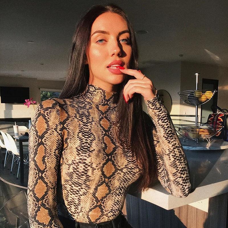 Snakeskin Printed Bottoming Shirt Long Sleeve Turtleneck Bodysuit - 808Lush