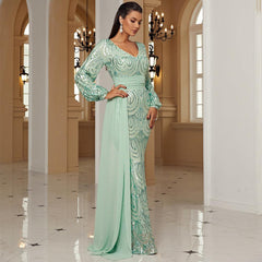 Sequined V neck Cocktail Ribbon Evening Bridesmaid Maxi Dress