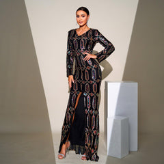 Sequined Long Sleeve V Neck Bridesmaid Maxi Dress