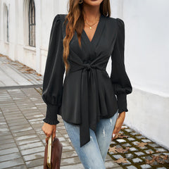 Women Casual V neck Long Sleeved Top