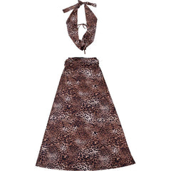 Sexy Deep V Plunge neck Spaghetti Straps Leopard Print Skirt Set