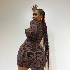 Sexy Deep V Neck Printed Long Sleeve Mini Dress