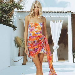 Vacation Tube Top Floral Printed Sexy Wrapped Short Dress