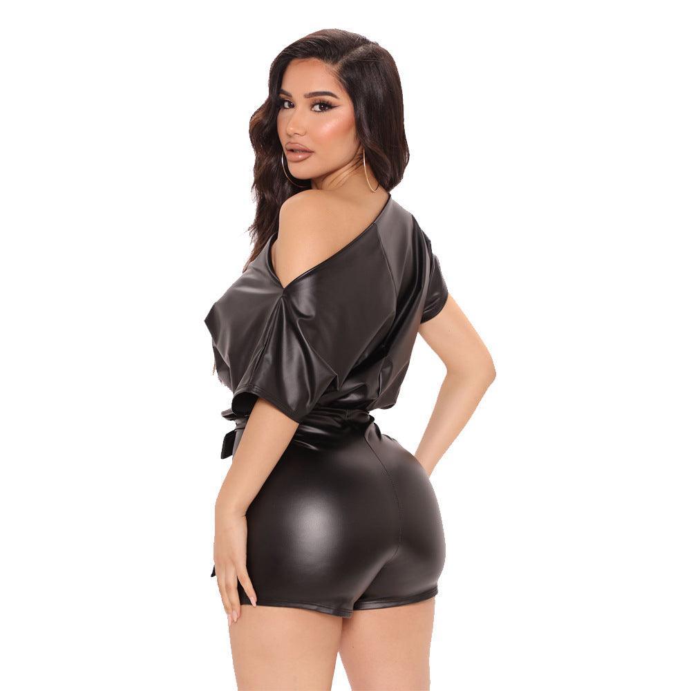 Sexy Casual off-the-Shoulder Faux Leather Romper - 808Lush