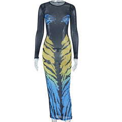 Printing Dress round Neck Long Sleeve Mesh See through Dress - 808Lush