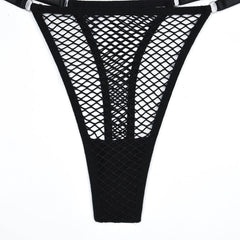Black Faux Leather Subdued Leather Metal Stamping lingerie Set