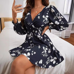 Elegant Floral Printed Long Sleeve Mini Dress