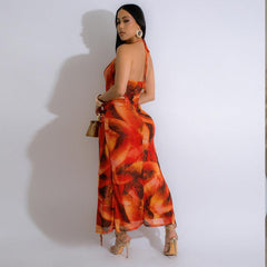 Mesh Floral Print Backless Ruffled Irregular Midi Dress
