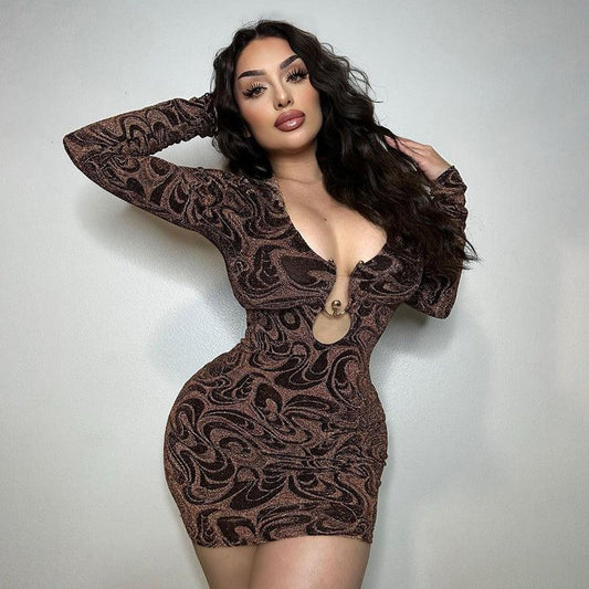 Sexy Deep V Neck Printed Long Sleeve Mini Dress