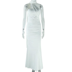 Women Halter Dress Sexy Backless Ribbon Split Maxi Dress