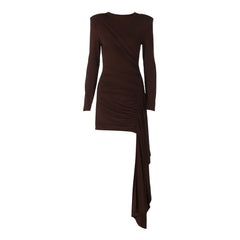 Slim Fit Pleated Waist Tight Ribbon Solid Color Long Sleeve Dress