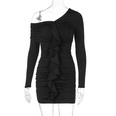 Pleated Diagonal Collar Slim Sheath Elegant Mini Dress
