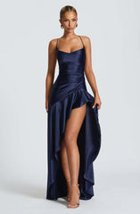 Sexy halter dress with ruffled, irregular hem.