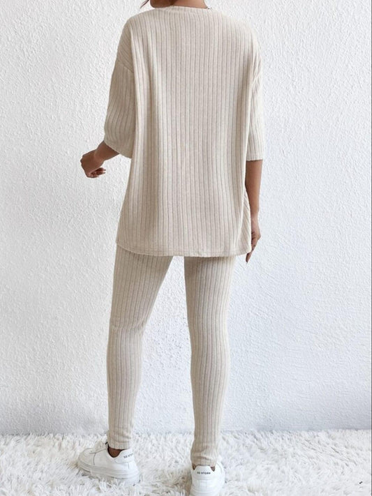 Ribbed Round Neck T-Shirt and Pants Lounge Set - 808Lush