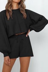 Round Neck Long Sleeve Top and Drawstring Shorts Lounge Set - 808Lush