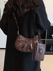 Rivet Heavy Industry Pleated Shoulder Underarm Bag Messenger Bag - 808Lush