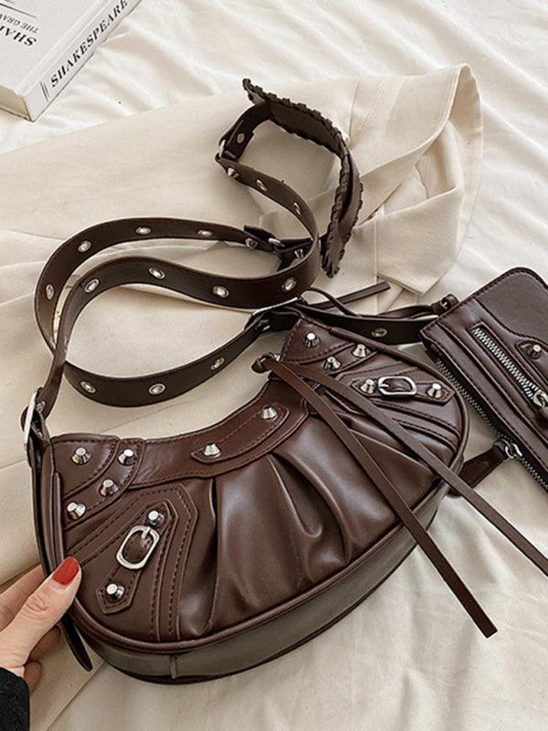 Rivet Heavy Industry Pleated Shoulder Underarm Bag Messenger Bag - 808Lush