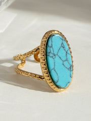Oval Blue Turquoise Tiger's Eye Adjustable Open Ring (Single Set)