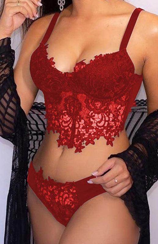 Spaghetti Straps Crochet Lace Hollow Out Bra Thong Lingerie Set - 808Lush