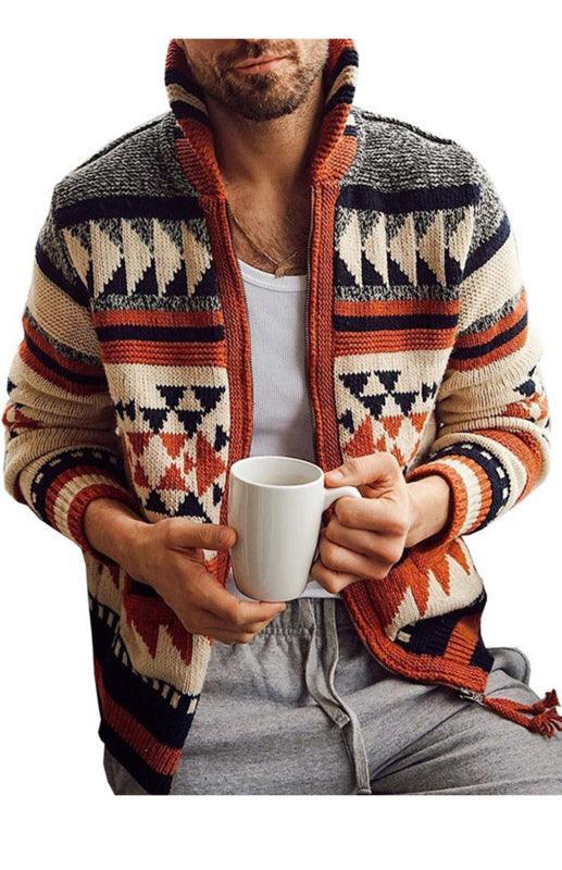Men's Long Sleeve Lapel Outer Sweater Embroidered Stand Collar Zip Sweater - 808Lush