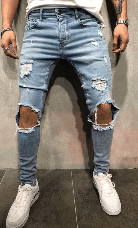 Men's Fashion Mid Waist Ripped Slim Jeans - 808Lush