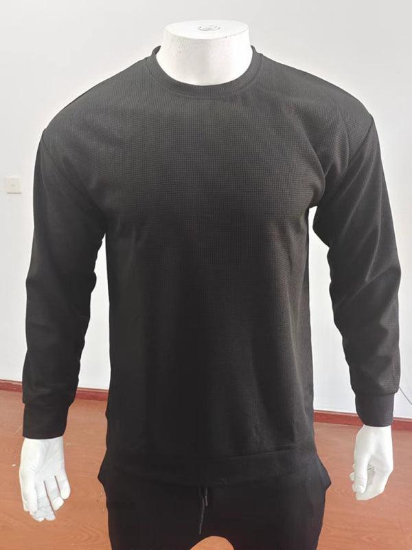 men's waffle all-match thin round neck long-sleeved sweater - 808Lush