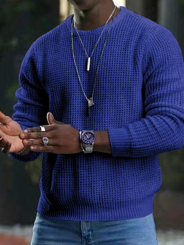 men's waffle all-match thin round neck long-sleeved sweater - 808Lush