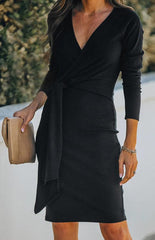 Ladies Fashion V-Neck Ribbed Belt Dress - 808Lush