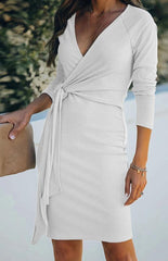 Ladies Fashion V-Neck Ribbed Belt Dress - 808Lush
