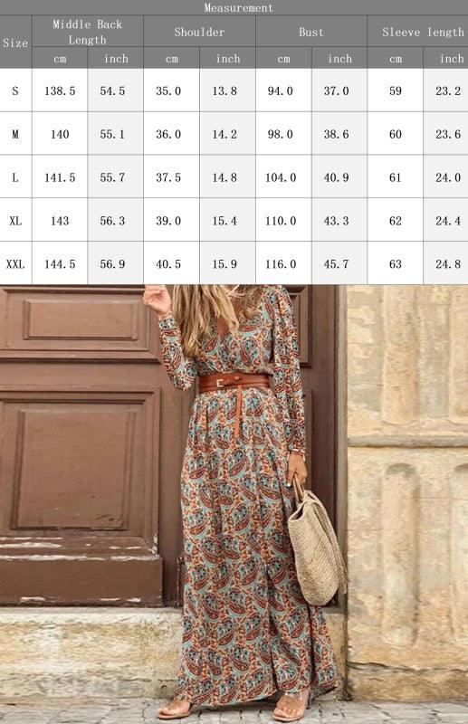 Women's V-neck long-sleeved printed long dress (with belt) - 808Lush