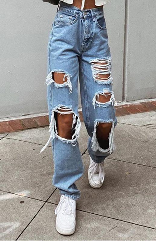 Ladies Ripped Wash Style Denim Trousers - 808Lush