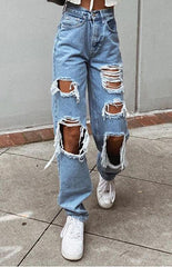 Ladies Ripped Wash Style Denim Trousers - 808Lush
