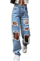 Ladies Ripped Wash Style Denim Trousers - 808Lush