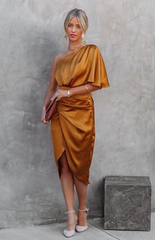 Sexy One Sleeve Irregular Pleated Waist Skirt Dress - 808Lush