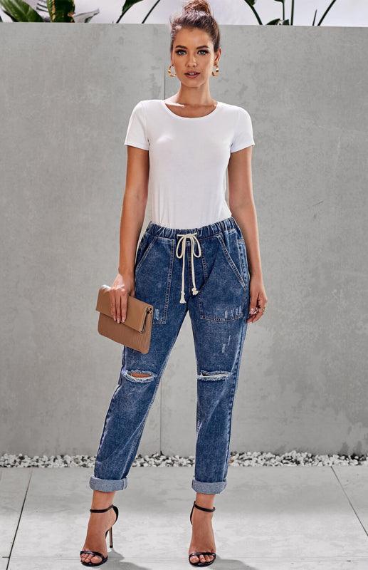 Distressed Drawstring Gather Round Distressed Pocketed Denim Jogger - 808Lush