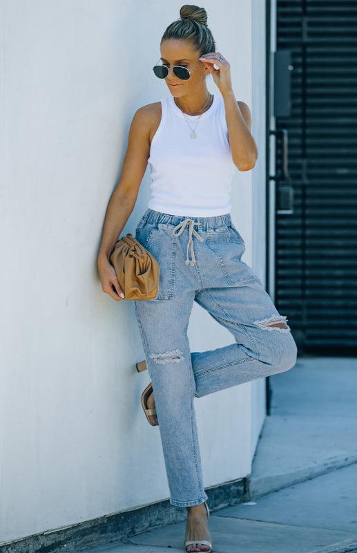 Distressed Drawstring Gather Round Distressed Pocketed Denim Jogger - 808Lush