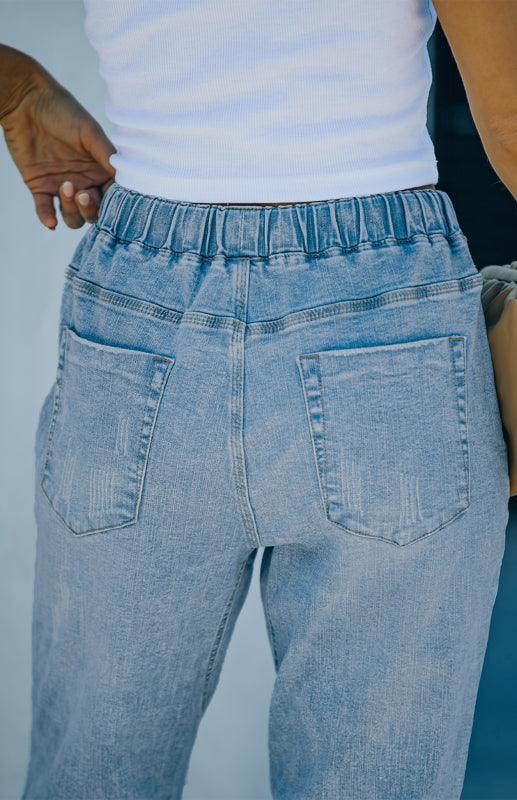 Distressed Drawstring Gather Round Distressed Pocketed Denim Jogger - 808Lush