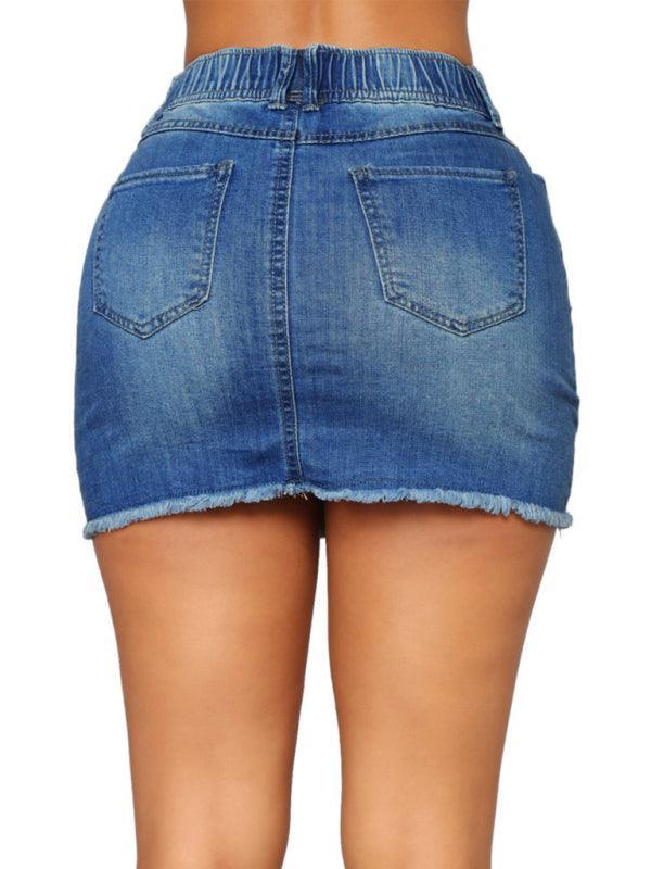 Women's Spring/Summer Drawstring Hole Pack Hip Denim Short Skirt - 808Lush