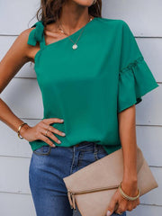 Women's fashion diagonal collar Ruffle Sleeve Chiffon Top - 808Lush
