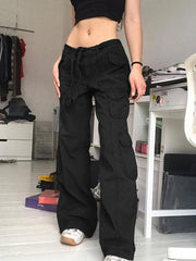 Multi-pocket work trousers low waist loose fitting casual denim trousers - 808Lush