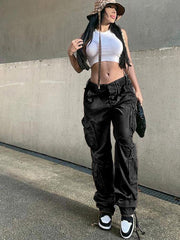 Women's Straight High Waist Loose Wide Leg Retro Daddy Cargo Pants - 808Lush