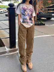 Women's Fashion Multi Pocket Straight High Waist Thin Loose Cargo Pants - 808Lush