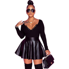 Sexy solid color PU leather swing women's half mini skirt - 808Lush