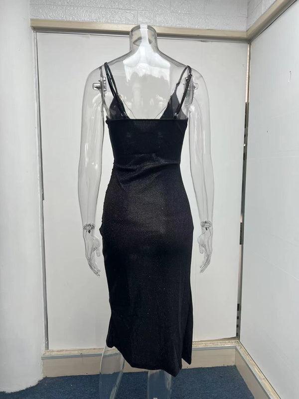 Sexy Glitter High Slit Deep V Sling Dress - 808Lush