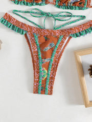 3 Piece Bikini Set ethnic print halter neck tie - 808Lush