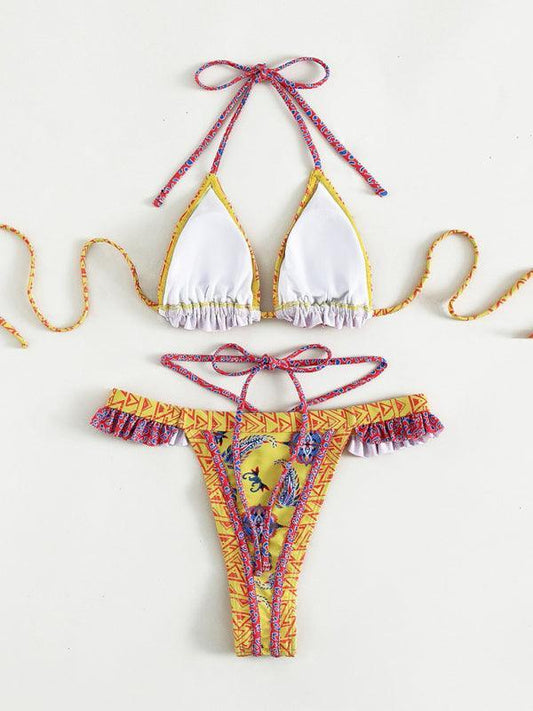 3 Piece Bikini Set ethnic print halter neck tie - 808Lush