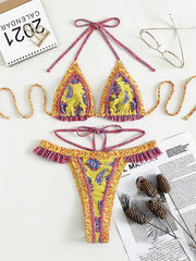 3 Piece Bikini Set ethnic print halter neck tie - 808Lush