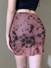 Printed mesh skirt high waist double layer slim wrap hip skirt - 808Lush
